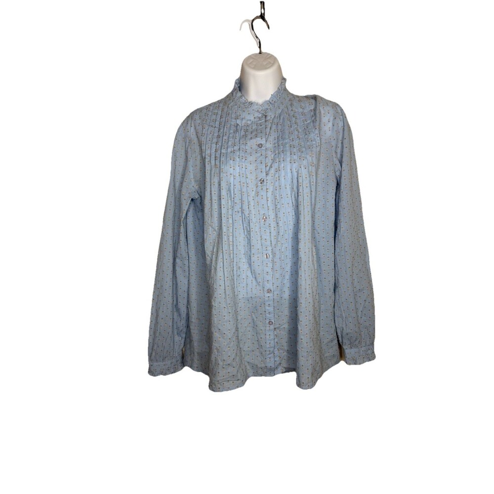 Sundance Philipa Pintuck Swiss Dot Blue Blouse Ruffle Trim Top Sz M peasant boho - Picture 2 of 11